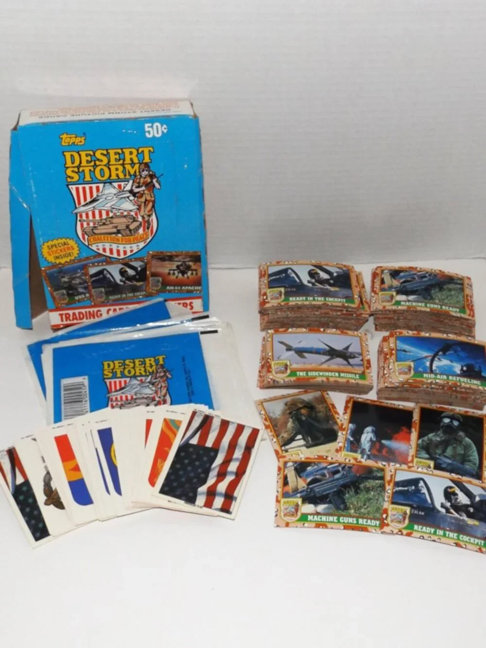 1991 Desert Storm Series 1 Mixed Trading Cards & Stickers Lot w/Org. Box